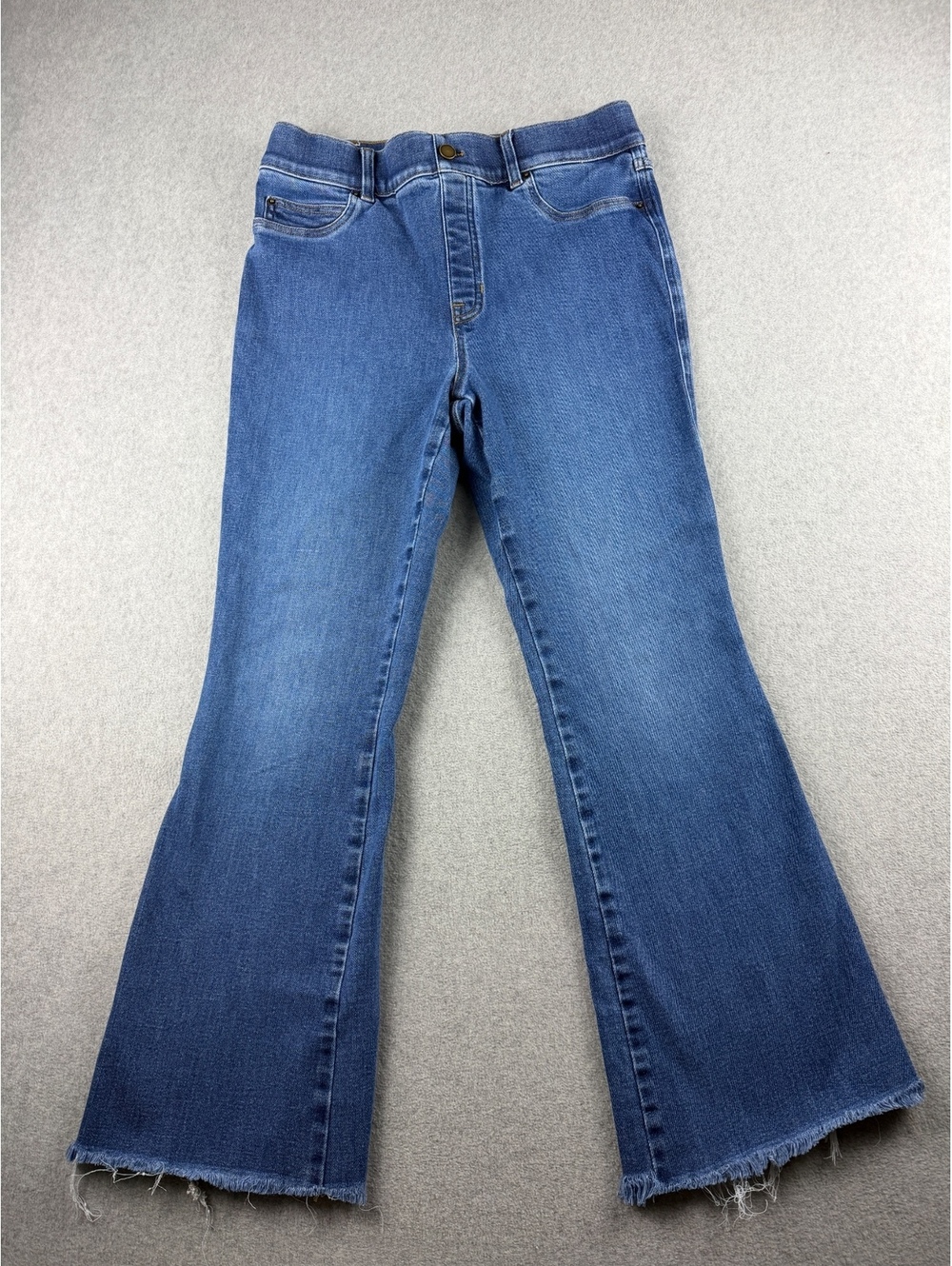 SPANX Womens Large Bootcut Jeans Blue Stretch Denim High Rise Cut Raw Hem